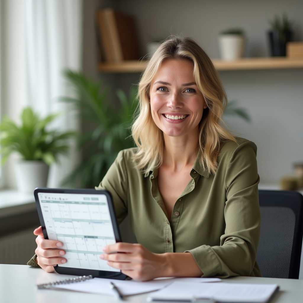 Client care coordinator smiling in a bright office while reviewing a scheduling tablet