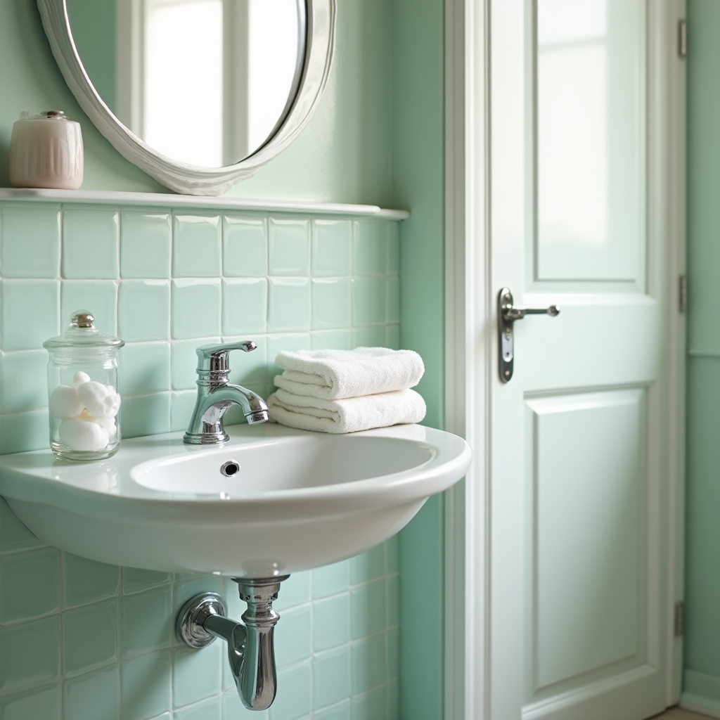 Spotless bathroom sink and mirror with folded towels