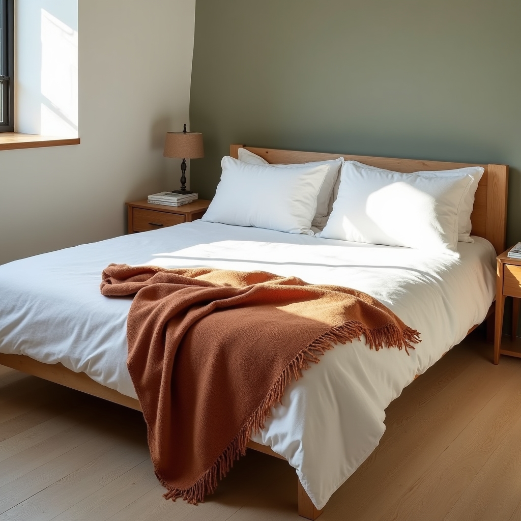 Neatly made bedroom with dusted surfaces and clean flooring