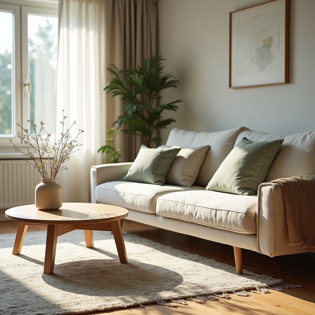 Tidy sunlit living room with cushions arranged and floor freshly cleaned