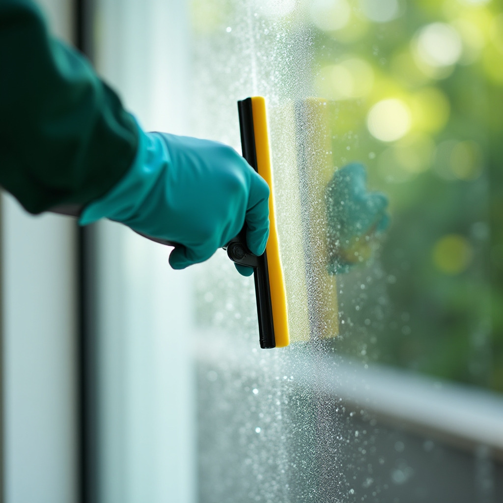Streak-free window being cleaned with soft daylight passing through