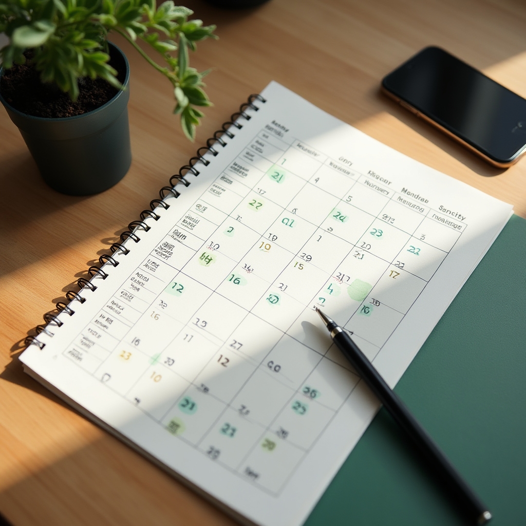 Calendar and notebook on a table used to plan recurring cleaning visits