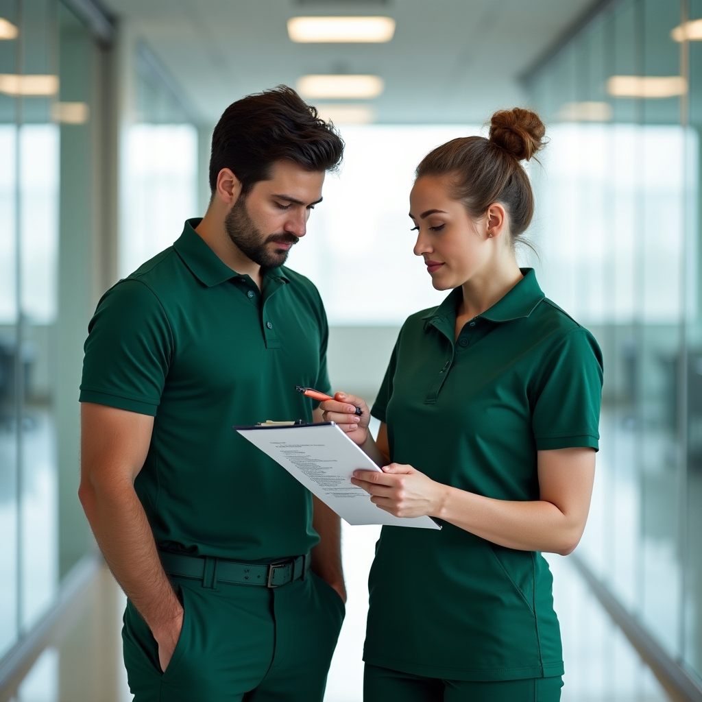 Two cleaning staff members reviewing a checklist together in a bright office corridor